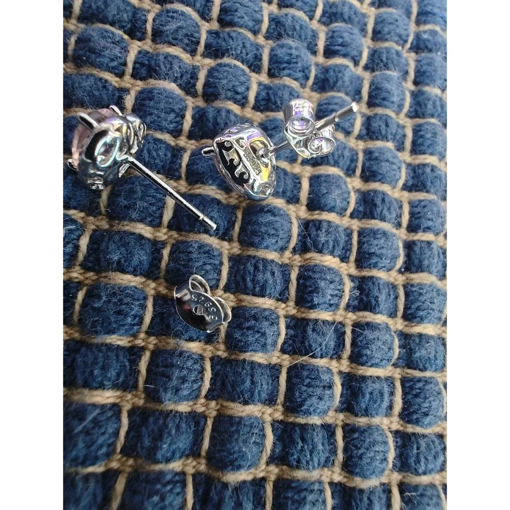 Stud Earrings 6mm Morganite Heart Silver Pink Halo Studs - Picture 3 of 5
